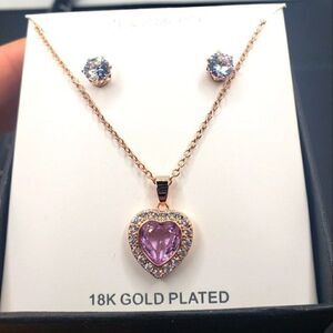 18k rose gold plated purple crystal heart necklace with stud earrings